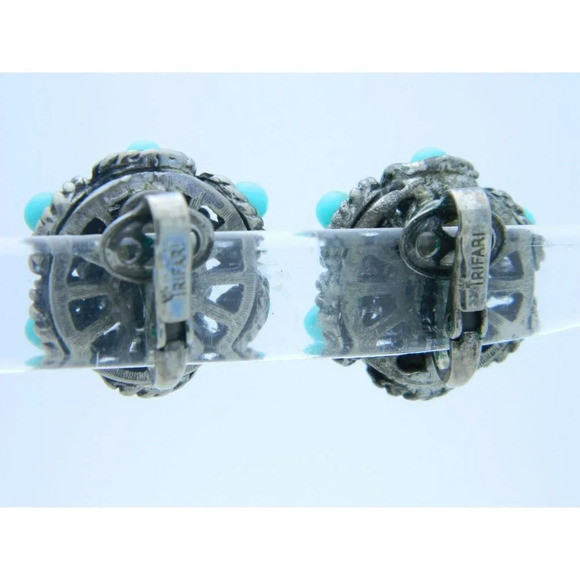VTG CROWN TRIFARI Faux Turquoise Silver Tone Filigree Dome Clip Earrings - Picture 2 of 2